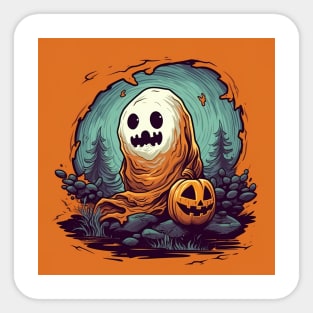 halloween design for kids, orange background, scary ghost with pumpkin Sticker